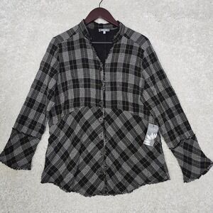 Habitat Plaid Button Down‎ Shirt Womens S Black Fringe Bell Sleeve Lagenlook